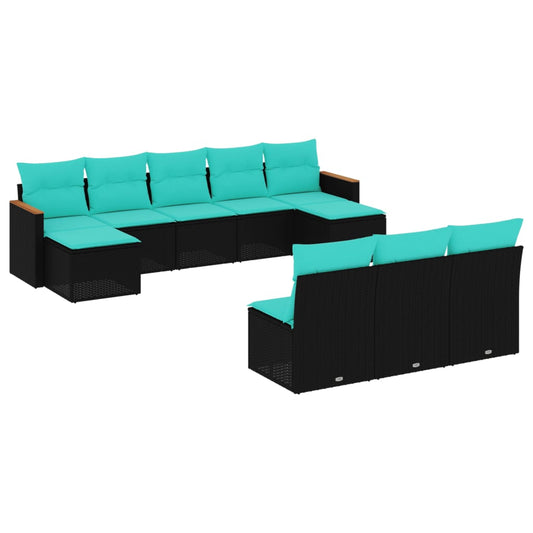 10-teiliges Gartensofa-Set mit Kissen, schwarzes Polyrattan