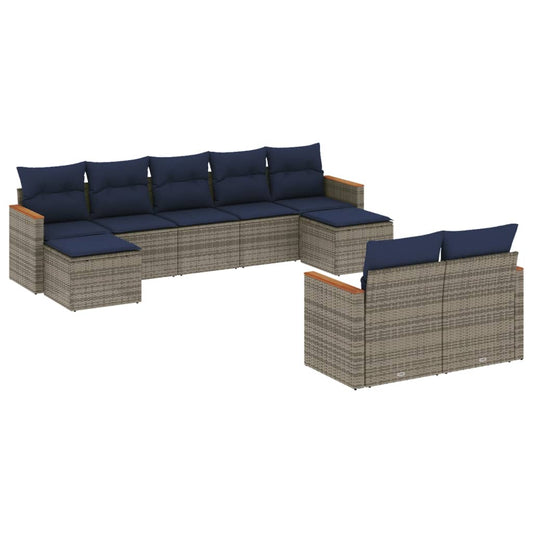9-teiliges Gartensofa-Set mit Kissen, grau, Polyrattan