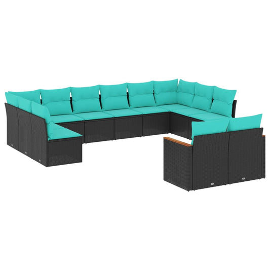 12-teiliges Gartensofa-Set mit Kissen, schwarzes Polyrattan