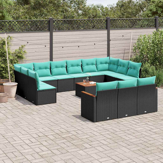 14-teiliges Gartensofa-Set mit Kissen, schwarzes Polyrattan