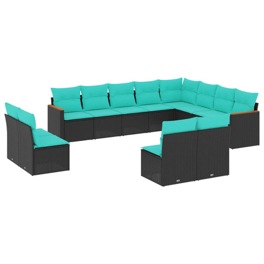 12-teiliges Gartensofa-Set mit Kissen, schwarzes Polyrattan