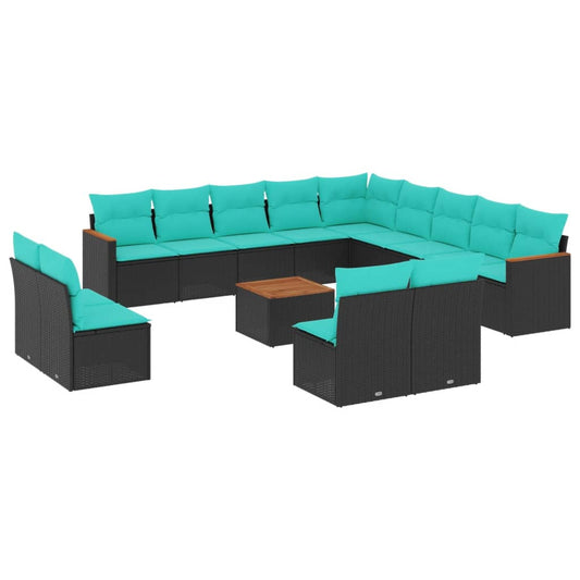 14-teiliges Gartensofa-Set mit Kissen, schwarzes Polyrattan