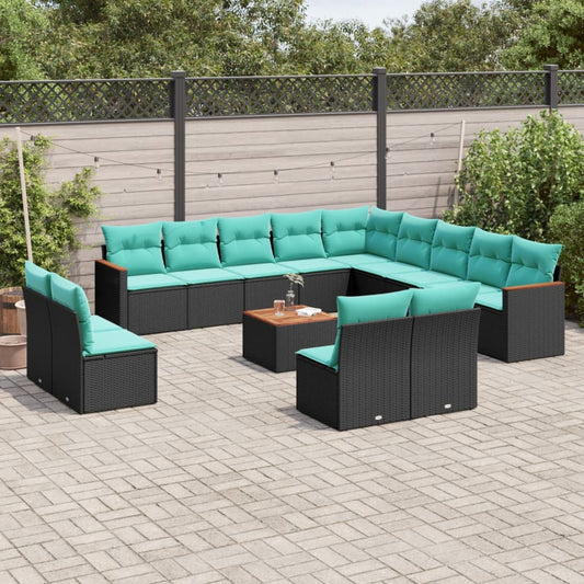 14-teiliges Gartensofa-Set mit Kissen, schwarzes Polyrattan