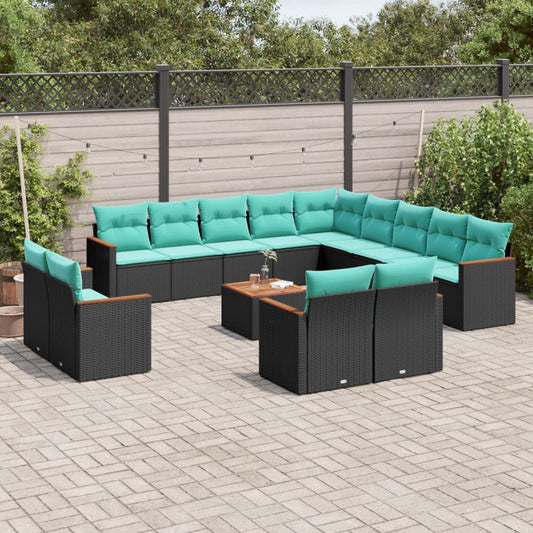 14-teiliges Gartensofa-Set mit Kissen, schwarzes Polyrattan