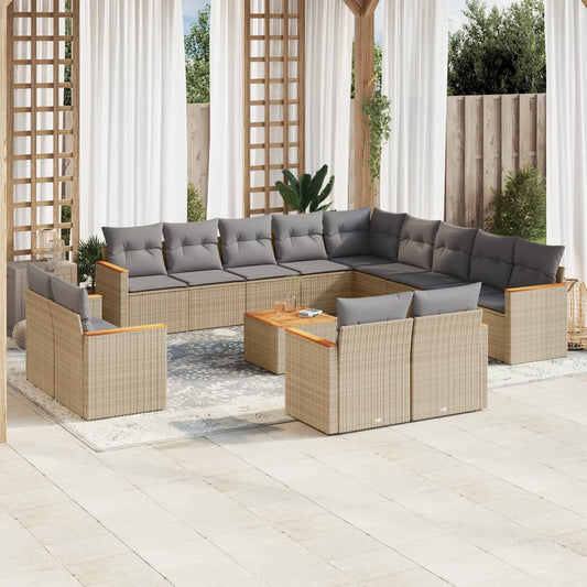 14-tlg. Garten-Sofagarnitur mit Kissen Beige Poly Rattan