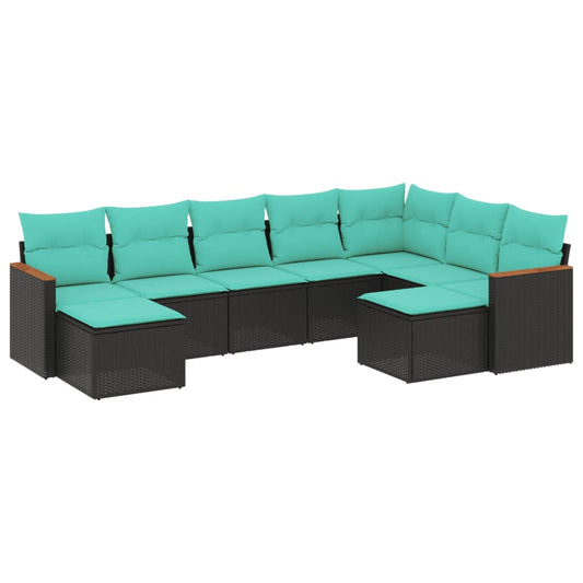 9-teiliges Gartensofa-Set mit Kissen, schwarzes Polyrattan
