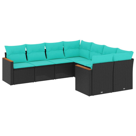 8-teiliges Gartensofa-Set mit Kissen, schwarzes Polyrattan