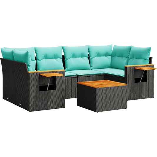 7-tlg. Garten-Sofagarnitur mit Kissen Schwarz Poly Rattan