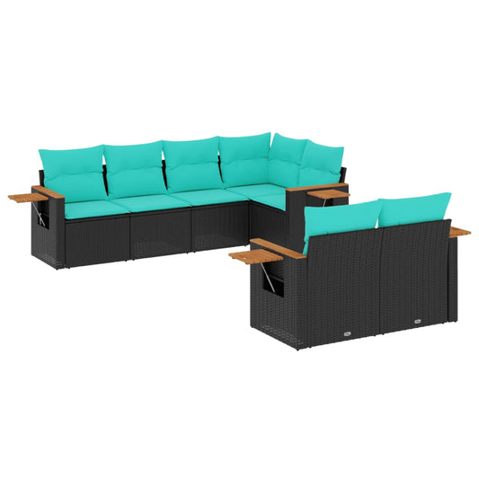 7-tlg. Garten-Sofagarnitur mit Kissen Schwarz Poly Rattan