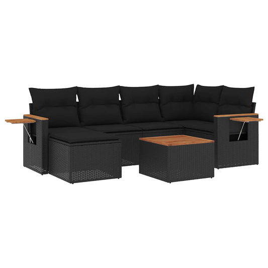 7-tlg. Garten-Sofagarnitur mit Kissen Schwarz Poly Rattan