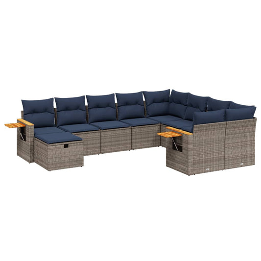 10-tlg. Garten-Sofagarnitur mit Kissen Grau Poly Rattan