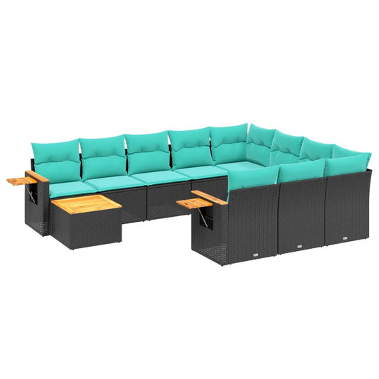 11-tlg. Garten-Sofagarnitur mit Kissen Schwarz Poly Rattan