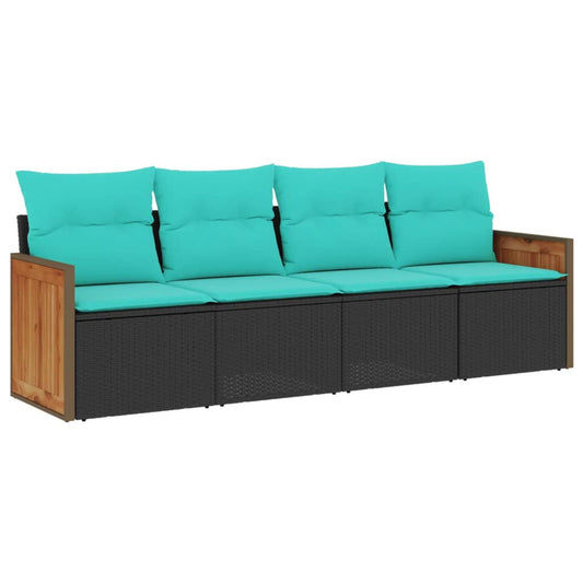 4-teiliges Gartensofa-Set mit Kissen, schwarzes Polyrattan