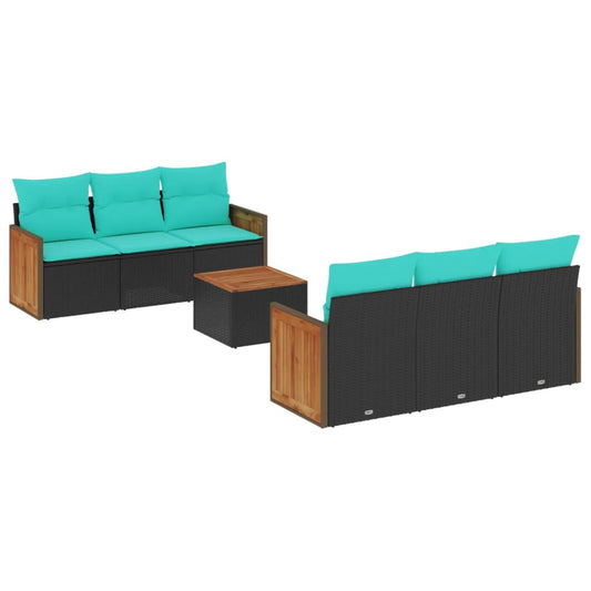 7-teiliges Gartensofa-Set mit Kissen, schwarzes Polyrattan
