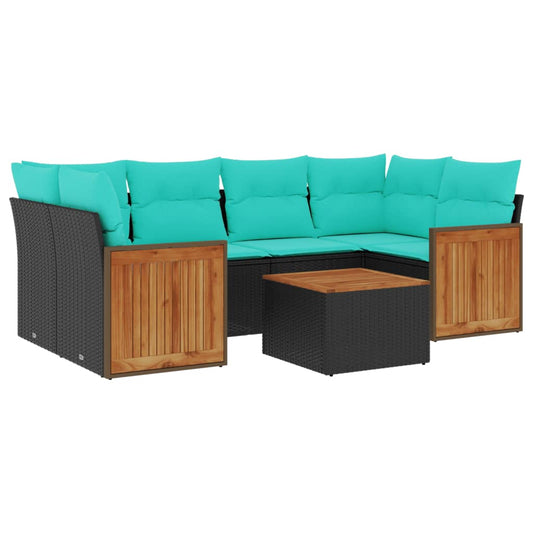 7-teiliges Gartensofa-Set mit Kissen, schwarzes Polyrattan