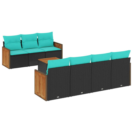 8-teiliges Gartensofa-Set mit Kissen, schwarzes Polyrattan