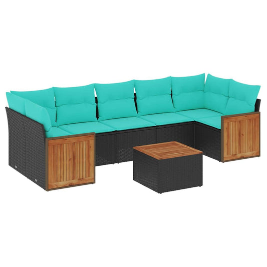 8-teiliges Gartensofa-Set mit Kissen, schwarzes Polyrattan