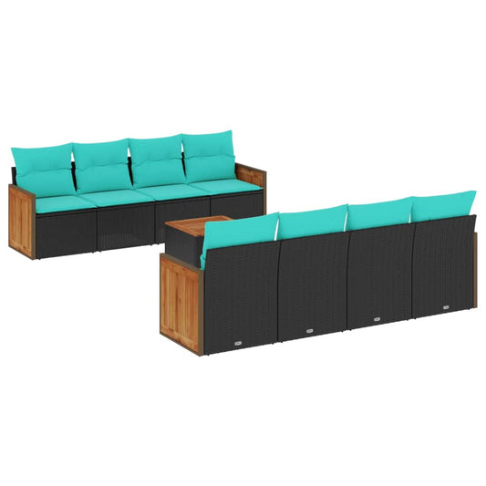 9-teiliges Gartensofa-Set mit Kissen, schwarzes Polyrattan