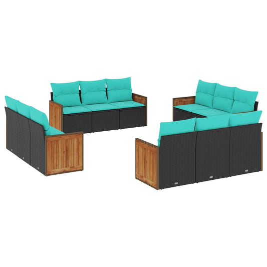 12-teiliges Gartensofa-Set mit Kissen, schwarzes Polyrattan