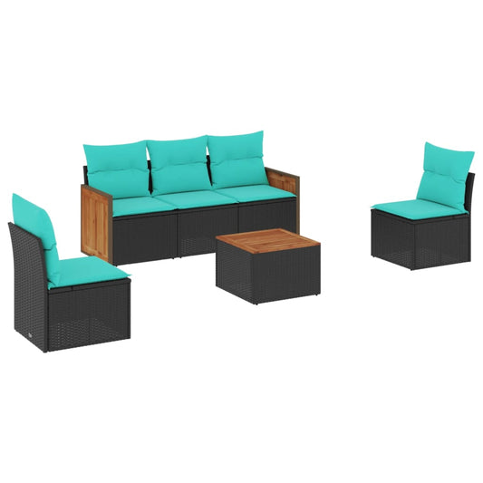 6-teiliges Gartensofa-Set mit Kissen, schwarzes Polyrattan