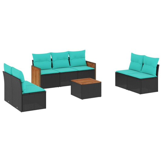 8-teiliges Gartensofa-Set mit Kissen, schwarzes Polyrattan