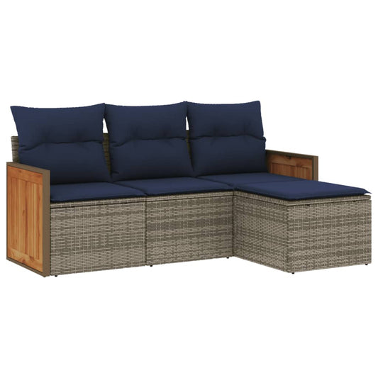 4-teiliges Gartensofa-Set mit Kissen, grau, Polyrattan