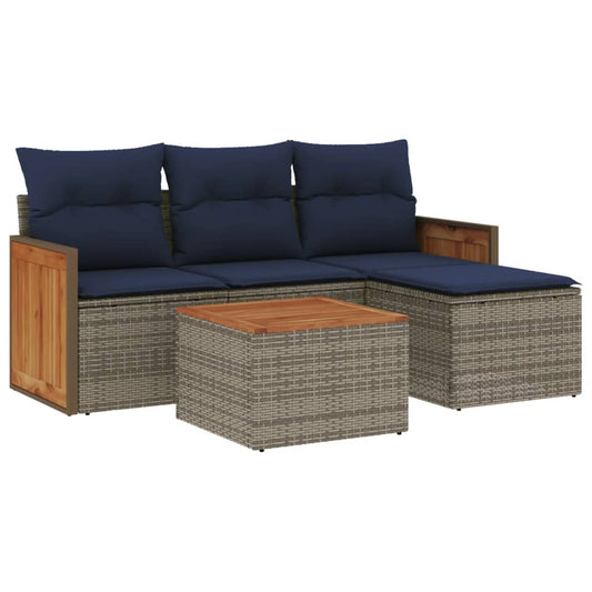 5-teiliges Gartensofa-Set mit Kissen, grau, Polyrattan