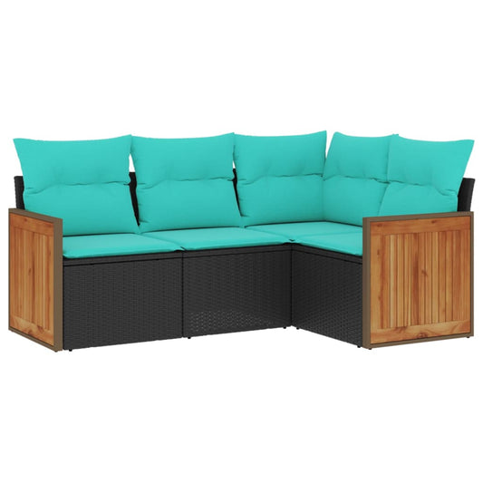 4-teiliges Gartensofa-Set mit Kissen, schwarzes Polyrattan