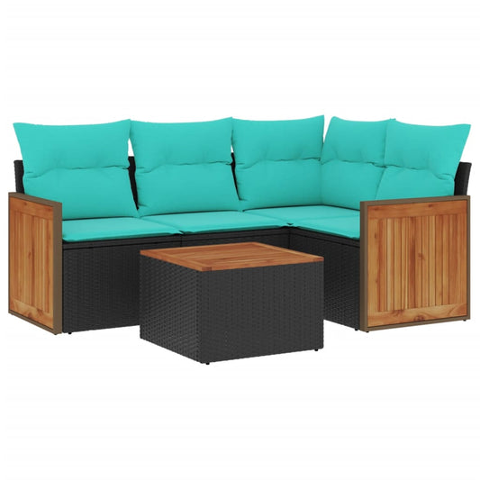 5-teiliges Gartensofa-Set mit Kissen, schwarzes Polyrattan