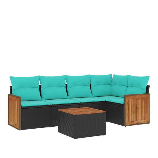 6-teiliges Gartensofa-Set mit Kissen, schwarzes Polyrattan