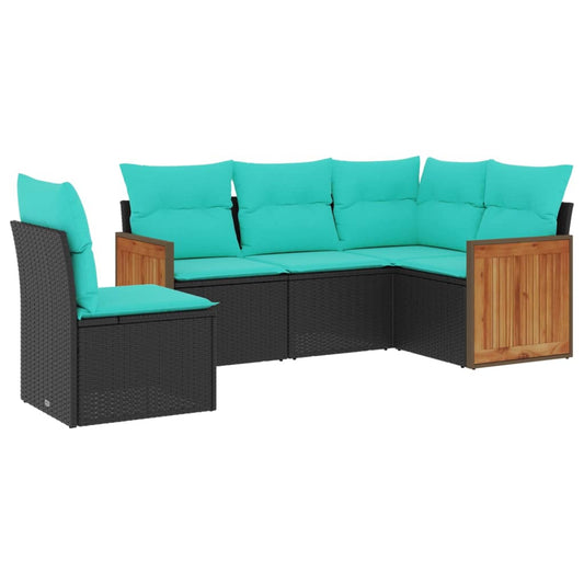 5-teiliges Gartensofa-Set mit Kissen, schwarzes Polyrattan