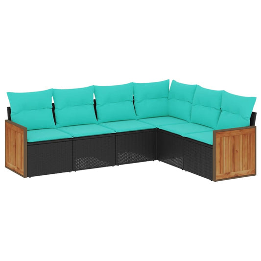 6-teiliges Gartensofa-Set mit Kissen, schwarzes Polyrattan