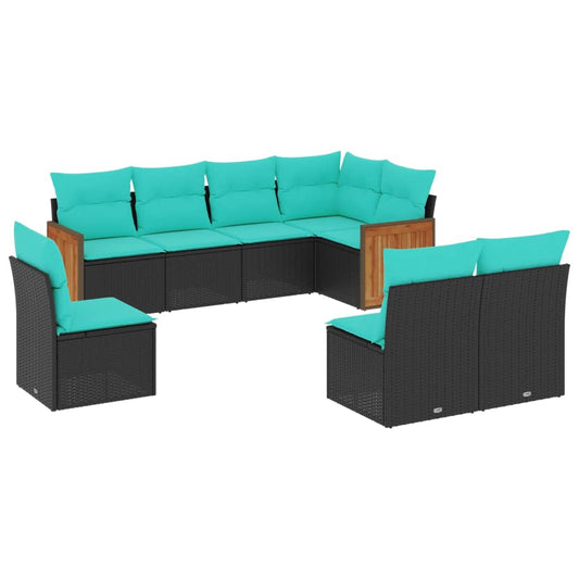 8-teiliges Gartensofa-Set mit Kissen, schwarzes Polyrattan