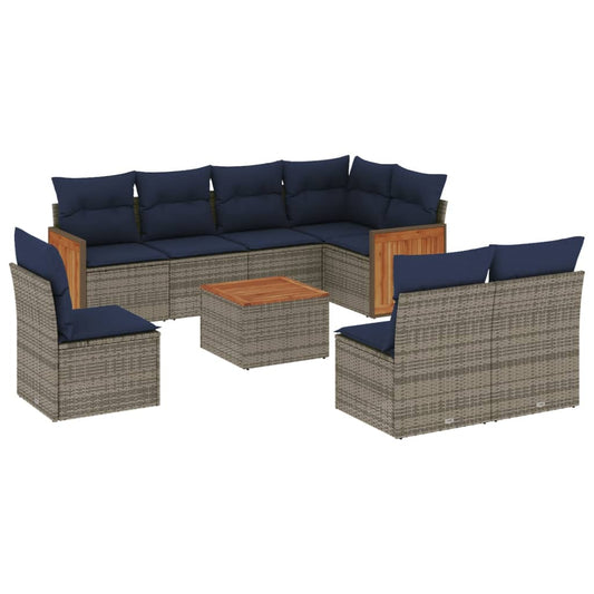 9-teiliges Gartensofa-Set mit Kissen, grau, Polyrattan