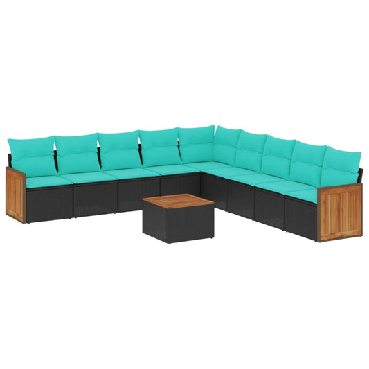 10-teiliges Gartensofa-Set mit Kissen, schwarzes Polyrattan