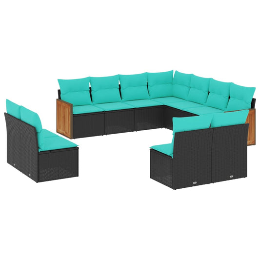 11-teiliges Gartensofa-Set mit Kissen, schwarzes Polyrattan