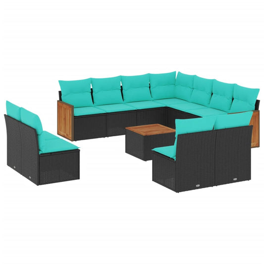 12-teiliges Gartensofa-Set mit Kissen, schwarzes Polyrattan