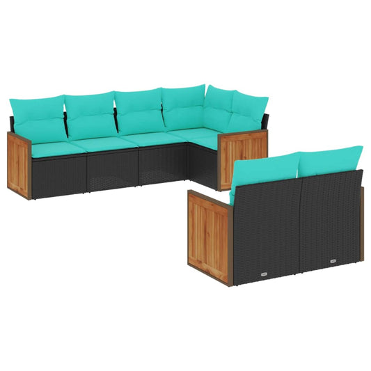 7-teiliges Gartensofa-Set mit Kissen, schwarzes Polyrattan