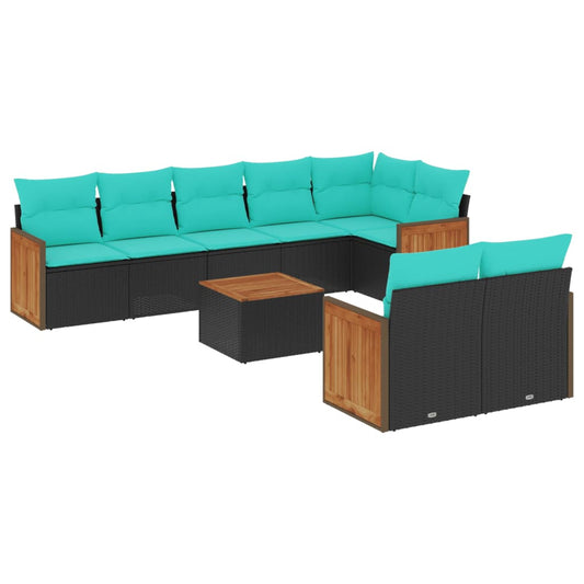 9-teiliges Gartensofa-Set mit Kissen, schwarzes Polyrattan