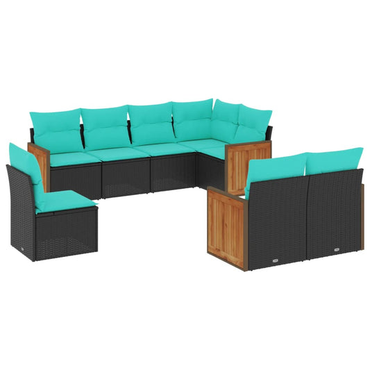 8-teiliges Gartensofa-Set mit Kissen, schwarzes Polyrattan