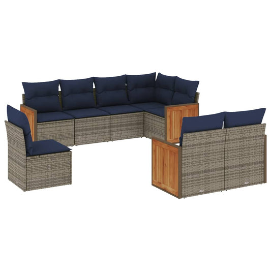 8-teiliges Gartensofa-Set mit Kissen, grau, Polyrattan