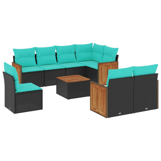 9-teiliges Gartensofa-Set mit Kissen, schwarzes Polyrattan