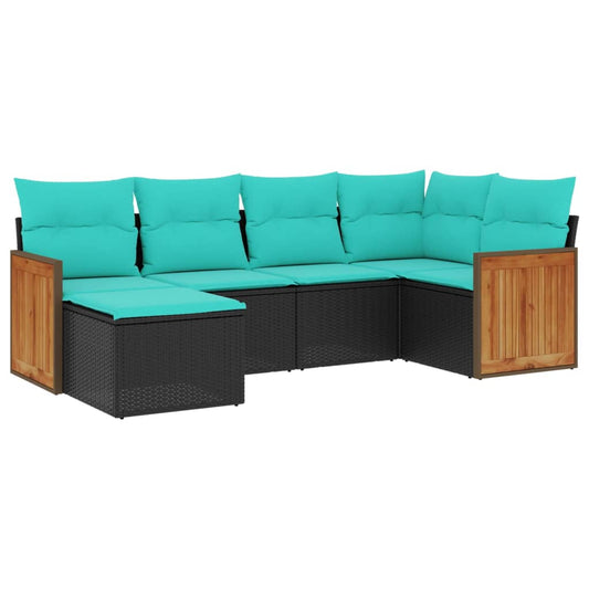 6-teiliges Gartensofa-Set mit Kissen, schwarzes Polyrattan