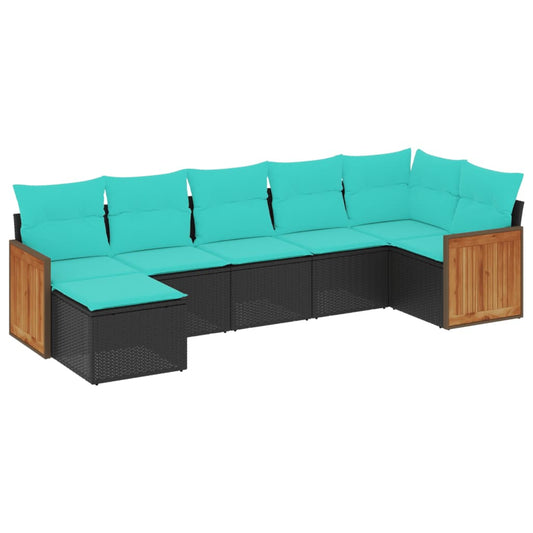 7-teiliges Gartensofa-Set mit Kissen, schwarzes Polyrattan