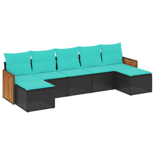 7-teiliges Gartensofa-Set mit Kissen, schwarzes Polyrattan
