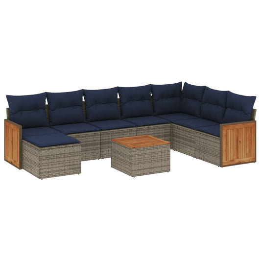 9-teiliges Gartensofa-Set mit Kissen, grau, Polyrattan