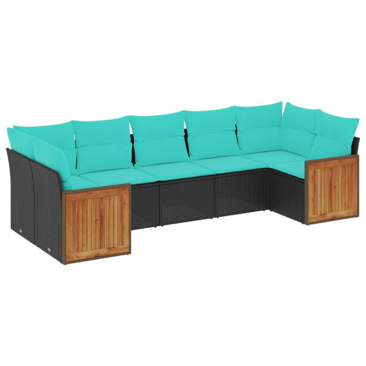 7-teiliges Gartensofa-Set mit Kissen, schwarzes Polyrattan