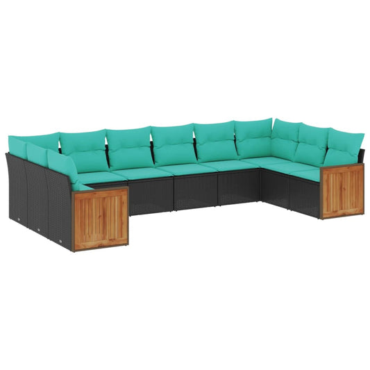 10-teiliges Gartensofa-Set mit Kissen, schwarzes Polyrattan