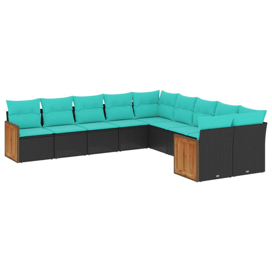 10-teiliges Gartensofa-Set mit Kissen, schwarzes Polyrattan