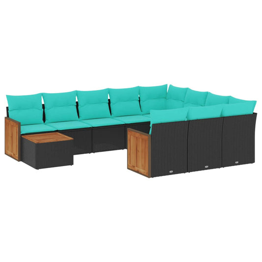11-teiliges Gartensofa-Set mit Kissen, schwarzes Polyrattan